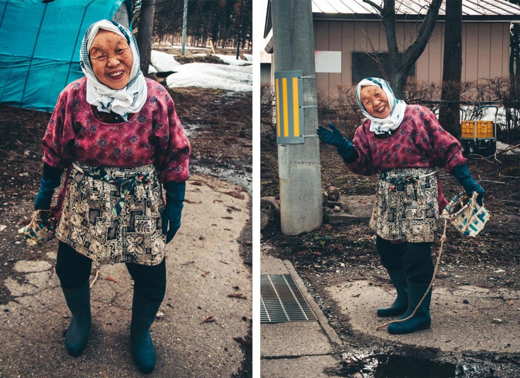 Two Portraits Of An Old Japanese Women Smiling & Waving