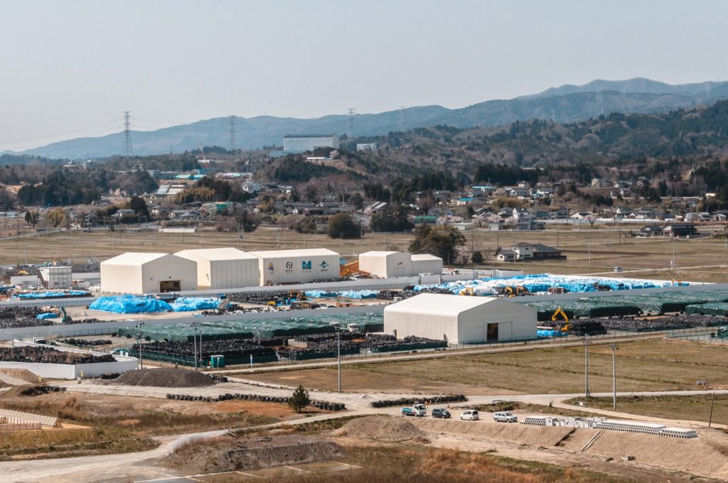 Aerial view of black bags containing radioactive waste of Fukushima's Nuclear Disaster