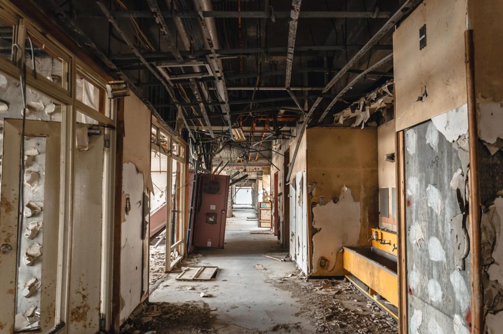 The Hallway Of Ukedo Elementary School in Fukushima, Showing Destruction From The Tsunami